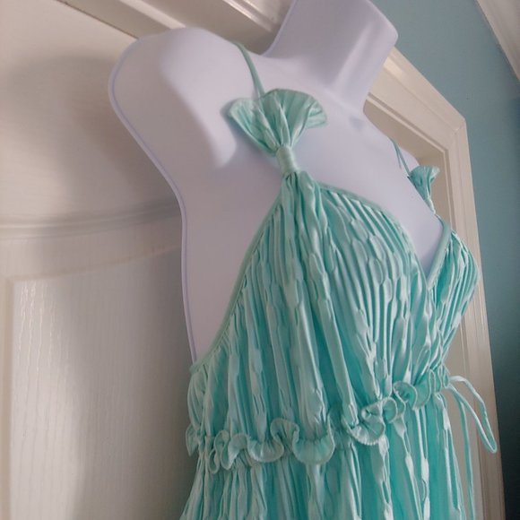 Mary McFadden Collection 1 Grecian Plisse Aqua Full Length Gown Medium - Picture 7 of 16